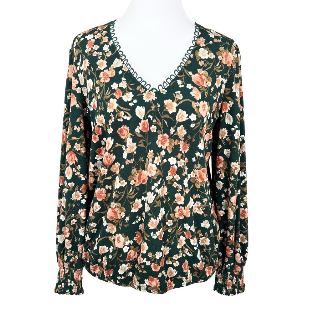 Flower & Feather Size Small Floral Smocked Hem Blouse Green Boho Style Shirt Top